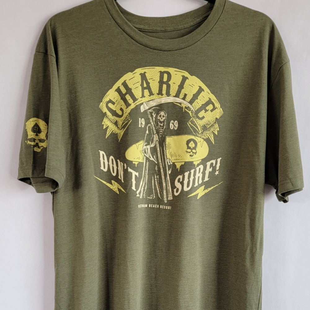 Zero Foxtrot green graphic shirt charlie don't surf vietnam beach resort large